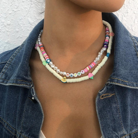 N9149 Bohemia Pearl Necklace Geometric Soft Pottery Star Necklace Fashion Temperament Double Layer Necklace
