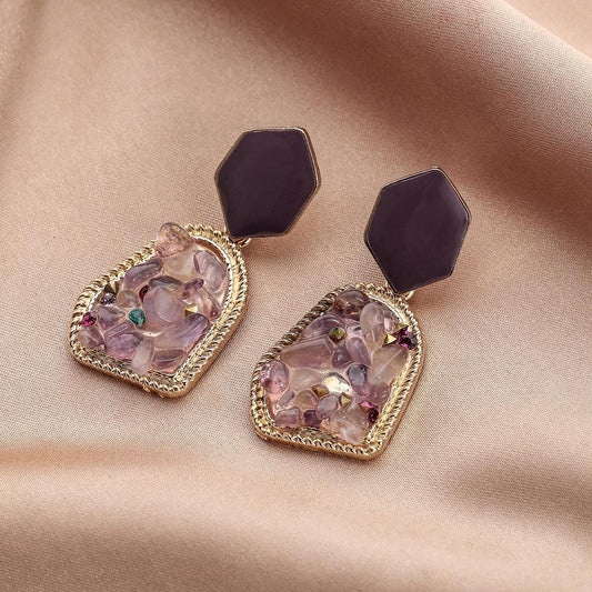 Dongdaemun Retro Purple Geometric Earrings Gravel Raw Stone Colored Diamond Earrings Temperament Earrings Accessories