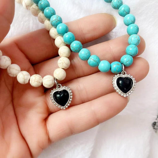 Summer Jewelry Black Agate Heart Pendant Clavicle Bohemian Turquoise Color Preserving Necklace