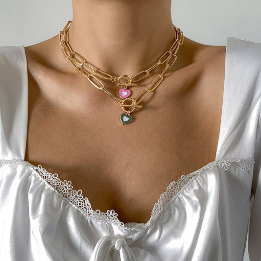 Jewelry hip-hop metal ot buckle chain collarbone necklace retro simple drop nectarine heart-shaped necklace
