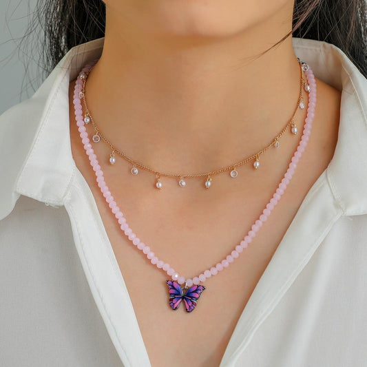 ins simple small round bead clavicle necklace fashion crystal bead glaze butterfly pendant double stacked necklace