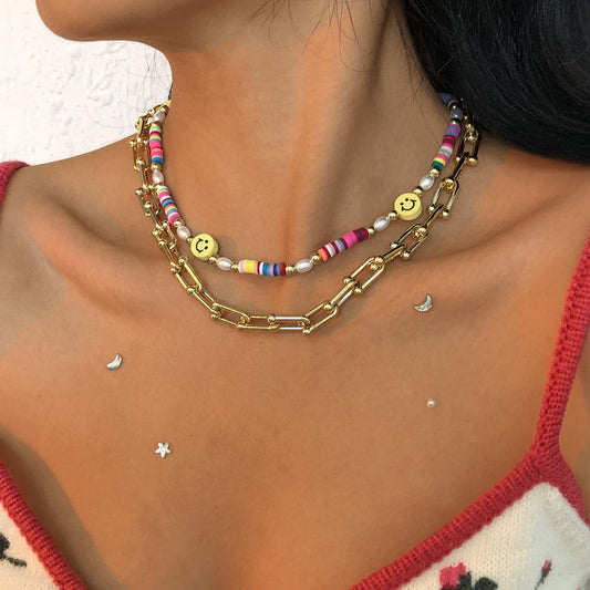 N9664 Geometric Color Necklace Women's U-shaped Chain Smiley Soft Pottery Necklace Creative Temperament Hollow Necklace