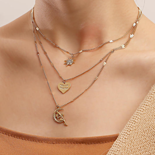 Jewelry fashion multi-layer gold retro love necklace niche design octagon clavicle chain
