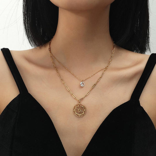 Stainless Steel Double Layer Necklace Roman Disc Hollow Pendant Zircon Clavicle Chain Temperament Retro Jewelry