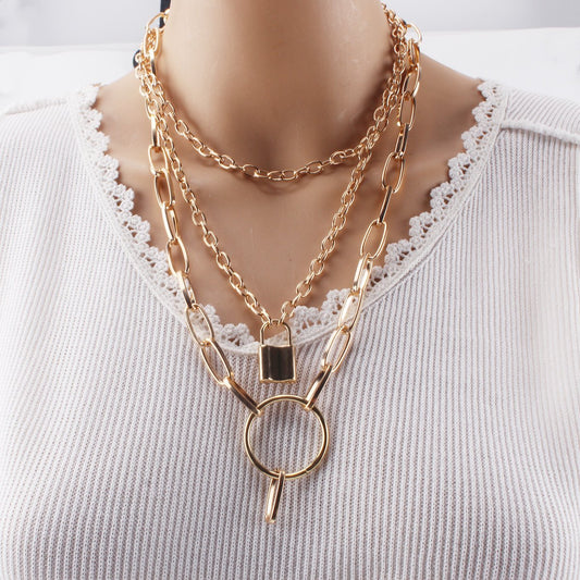 Necklace Retro Punk Exaggerated Thick Chain Necklace Women's Multilayer Hip Hop Lock Necklace Sweater Chain