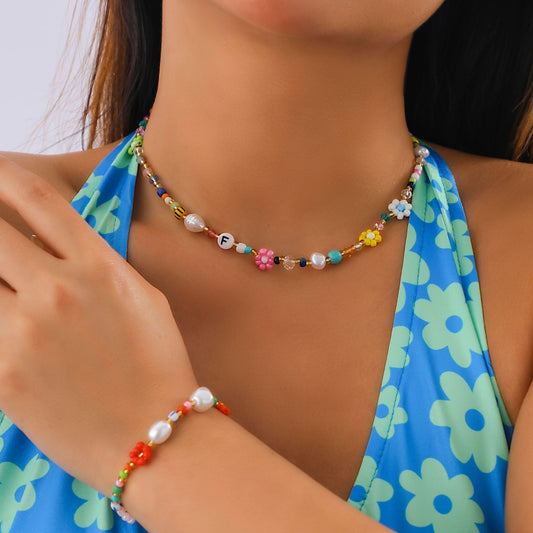 Jewelry simple imitation pearl color clavicle necklace mix and match woven small daisy letter necklace female