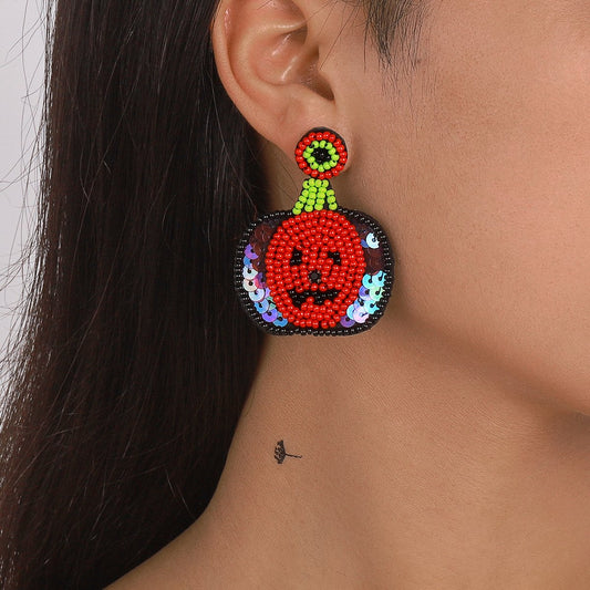 E1793 Personality creative handmade rice bead sequin earrings Halloween exaggerated ghost head pumpkin punk earrings