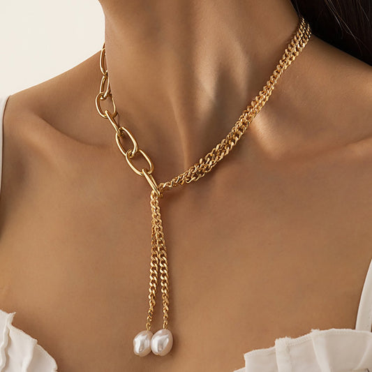 Jewelry Hip Hop Cool Metal Chain Clavicle Necklace Temperament Baroque Imitation Pearl Necklace