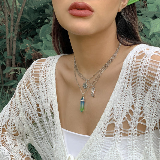 Jewelry Retro Ethnic Flower Necklace Personality Imitation Crystal Hexagonal Column Stacked Clavicle Necklace