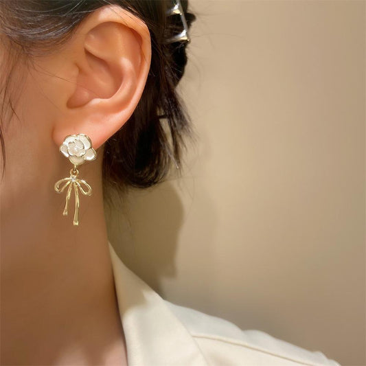 ins camellia bow earrings fashion light luxury niche design pearl tassel earrings temperament earrings