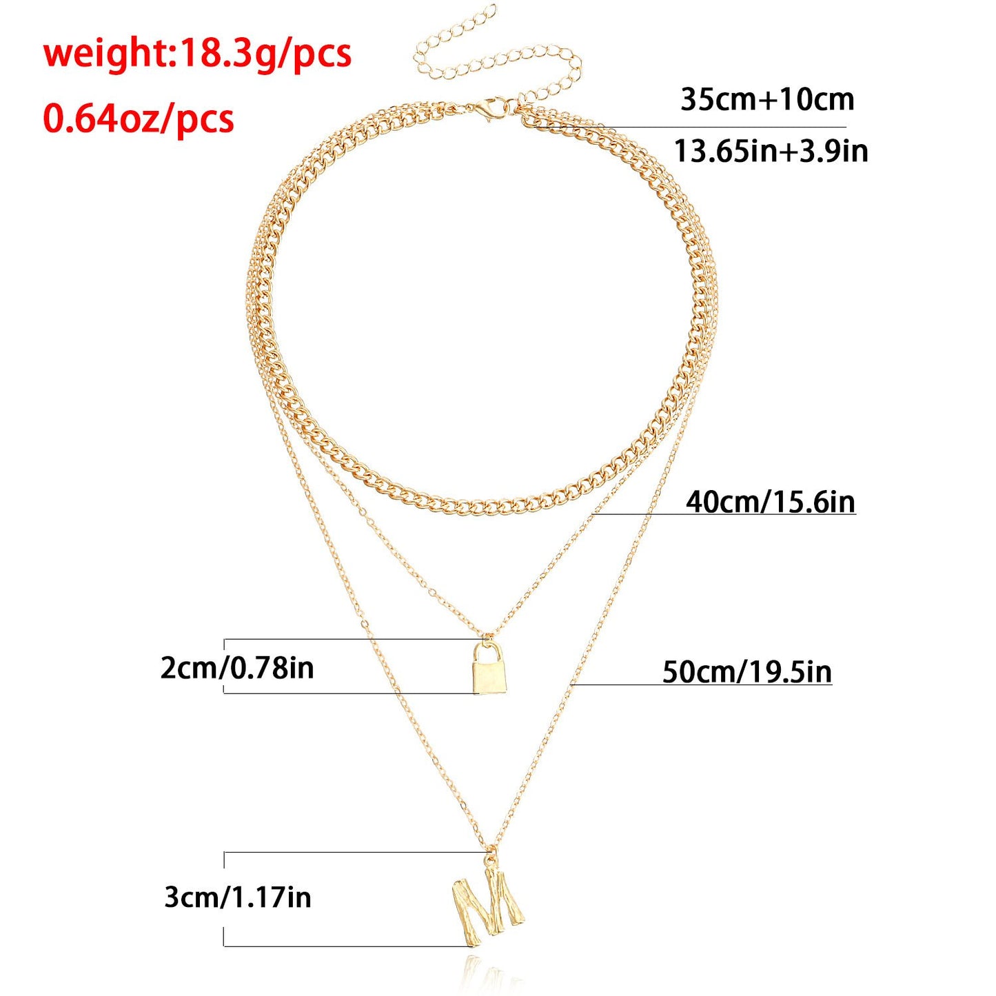Explosive multi-layer necklace female fashion letter M pendant necklace multi-layer personalized padlock accessories