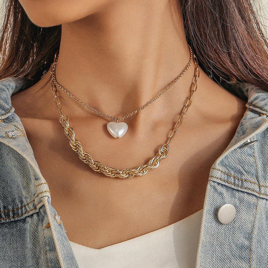 Double-layer short love pendant twist chain simple personality clavicle chain pearl necklace niche female