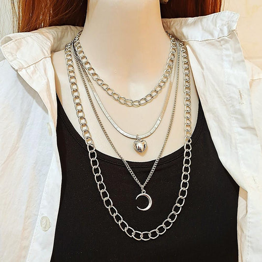 Jewelry multi-layer peach heart crescent necklace women's sweater chain detachable three-piece set chain
