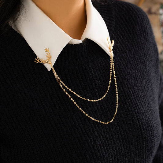 Jewelry Personality Sweet Cool Antlers Tassel Collar Pin Buckle Women's Versatile Chain Double-layer Simple Clothing