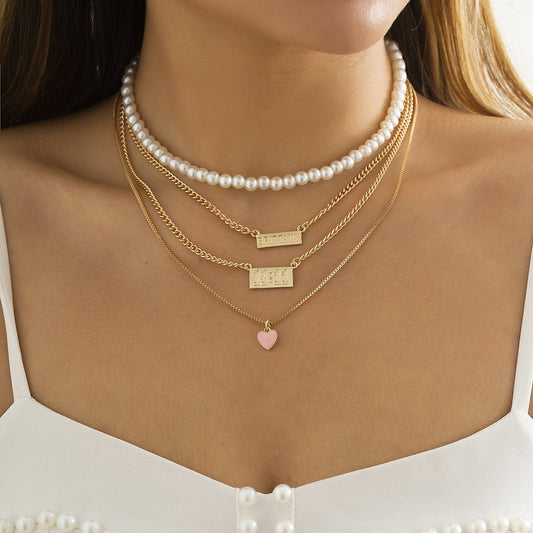 Jewelry Retro Imitation Pearl Stacked Chain Necklace Sweet Cool Alphabet Tag Peach Heart Necklace Female
