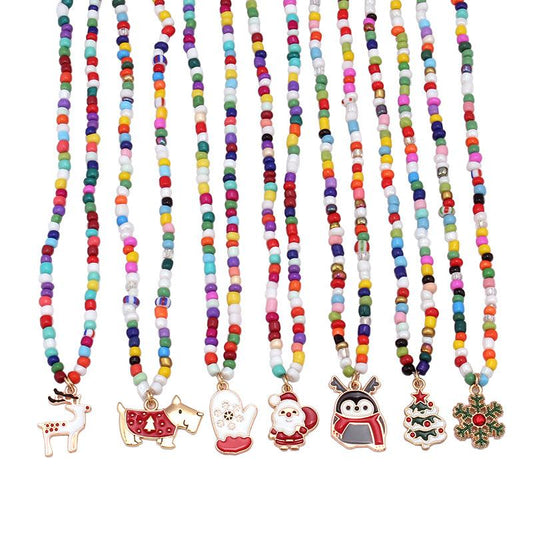 Christmas Ornament Fashion Drip Oil Pendant Christmas Tree Clavicle Chain Bohemian Colorful Handmade Rice Beads