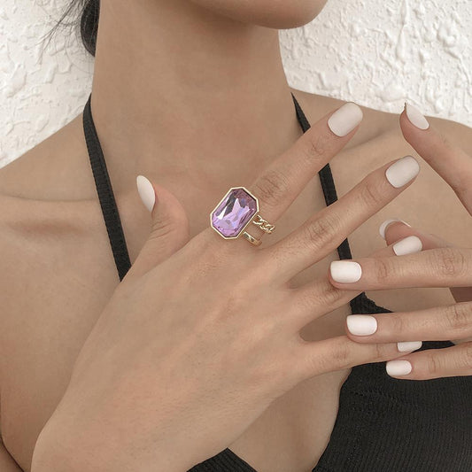 R475 square gemstone ring imitation diamond temperament opening adjustable ring personality retro trendy accessories