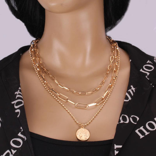 Temperament Metal Lamination Exaggerated Retro Portrait Coin Jewelry Trendy Temperament Hip Hop Metal Chain Clavicle Necklace
