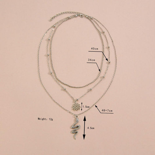 Fashion Vintage Alloy Lotus Snake Necklace Multilayer Pendant Necklace Ladies Accessories