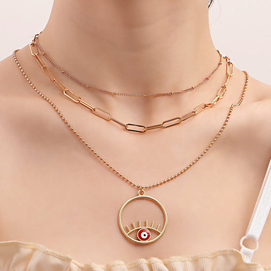 Jewelry Retro Contrast Color Personality Eye Geometric Necklace Ethnic Multi-layer Ring Pendant Necklace