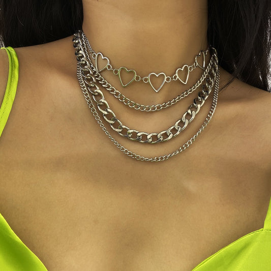 Jewelry Hip Hop Punk Chain Multilayer Necklace Female Simple Versatile Peach Heart Set Necklace