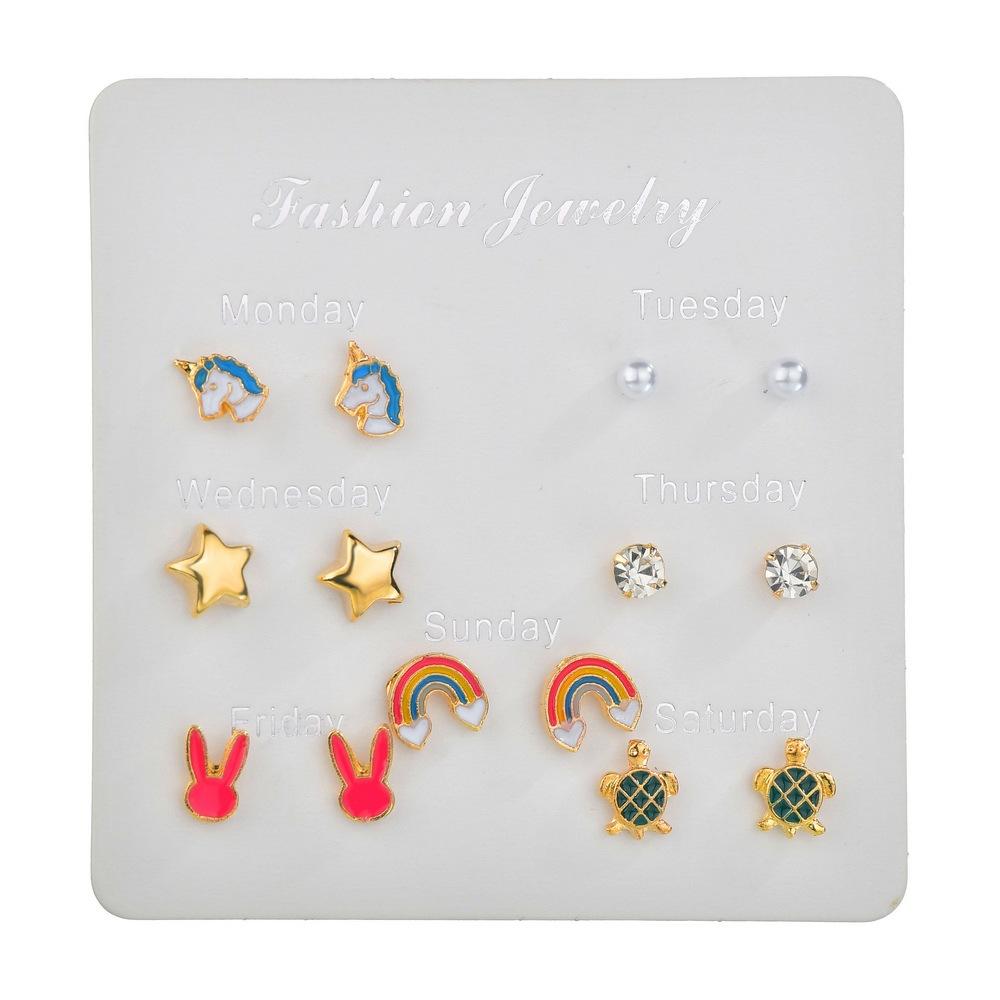 One week earring combination set Internet celebrity cartoon cute rainbow unicorn earrings student female earrings