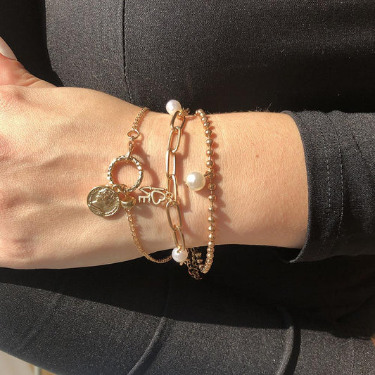 B1257 Fashion Jewelry Retro Alloy Pearl Hand Decoration Personality Simple Letter Bracelet Set