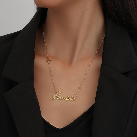 Simple and trendy stainless steel butterfly peach heart English letter lettering cutting name pendant titanium steel beautiful necklace