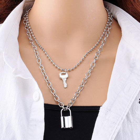 Necklace Jewelry Personality Double Bead Chain Lock with Key Necklace Female Alloy Chain Punk Hip-Hop Necklace