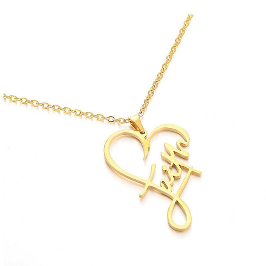 Fashion titanium steel faith peach heart necklace female faith English name small gift inspirational slogan necklace