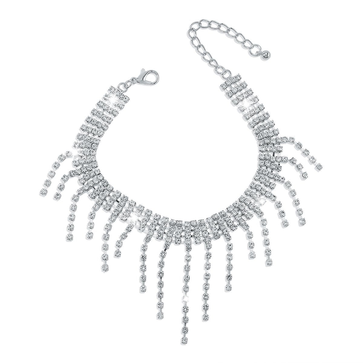 A177 French light luxury geometric tassel anklet row diamond claw chain rhinestone personality fashion cold instep chain female