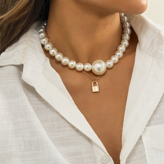 Jewelry Exaggerated Imitation Pearl Beaded Double Layer Necklace Female Retro Lock Chain Stacked Necklace