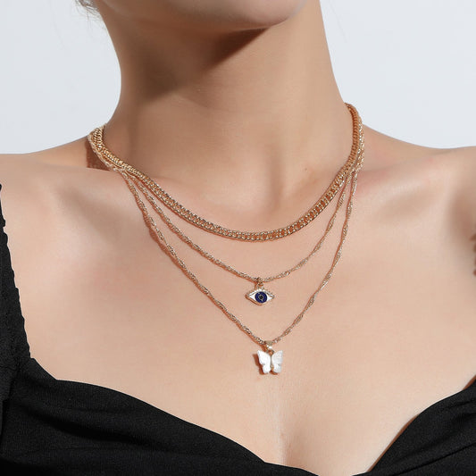 Jewelry Punk Exaggerated Butterfly Pendant Necklace Female Personality Alloy Eyes Multilayer Necklace