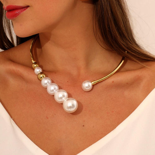 Exaggerated Fashion Pearl Necklace Simple Versatile Small Gold Bead Open Necklace Exquisite Clavicle Chain Jewelry Female