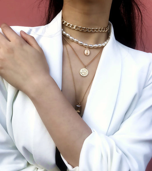 Jewelry Retro Coin Gem Necklace Sweater Chain Female Personality Multilayer Pearl Necklace