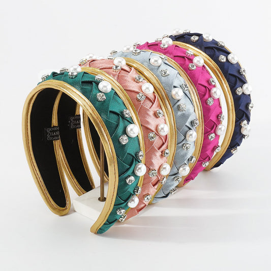 F525 Baroque Retro Wrap Geometric Headband Fabric Woven Pearl Rhinestone Light Luxury Palace Headband