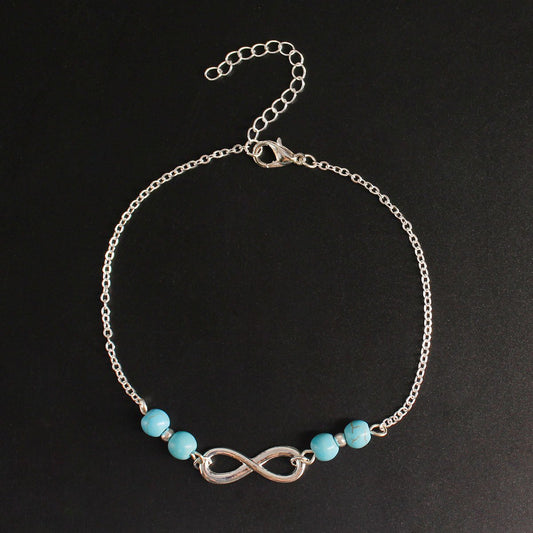 Summer retro grid all-match 8-character turquoise women's bare ankle chain anklet