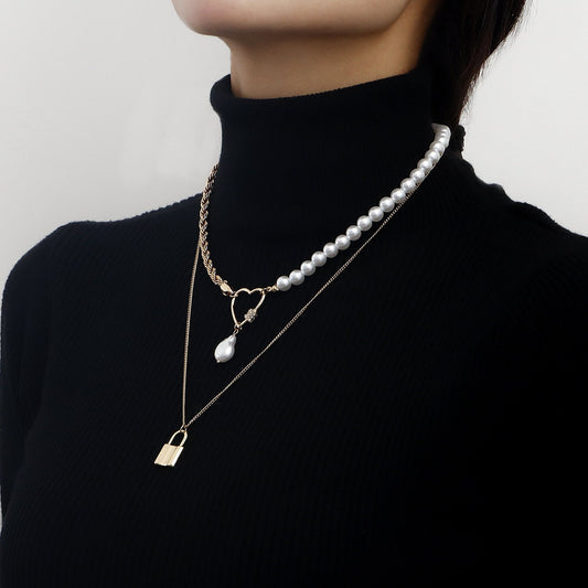 Fashion Temperament Love Padlock Combination Multi-Layered Wearing Exaggerated Necklace Niche Design Pearl Clavicle Chain Female