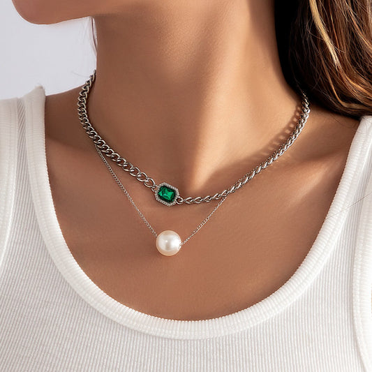 Jewelry imitation pearl thick chain mix and match necklace personality cold emerald double layer necklace