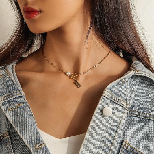Dongdaemun Stainless Steel OT Buckle Pearl Bow Letter Necklace Individual Simple Necklace