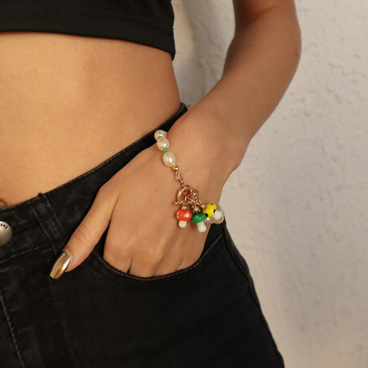 B1555 Simple Imitation Pearl Jewelry Female Personality Lady Temperament Bracelet Small Fresh Mushroom Pendant Accessories
