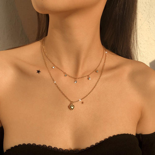 N9721 Jewelry French Simple Stacked Double Layer Necklace Glass Diamond Micro-inlaid Light Luxury Heart Necklace