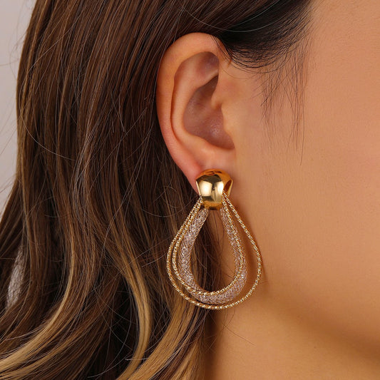 Advanced Design Simple Fashion Geometric Wire Mesh Zircon Hollow Water Drop Earrings