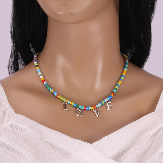 Small Fresh Alphabet Necklace Female Bohemian Handmade Colorful Rice Beads Clavicle Chain