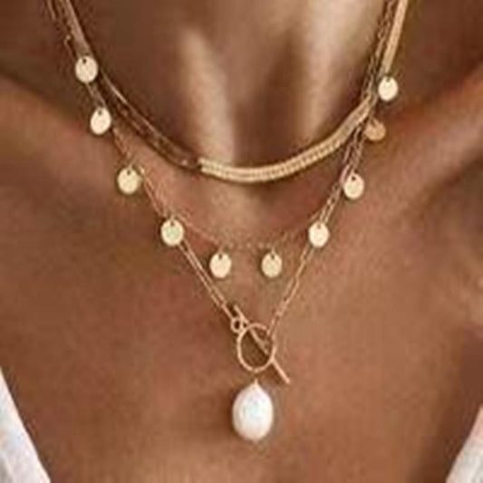 Snake bone chain sequin tassel multi-layer necklace femininity special-shaped pearl OT buckle necklace female
