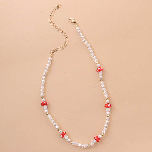 Jewelry Trend Simple Red Mushroom Pearl Necklace Women's Fashion Personality Short Money Jewelry
