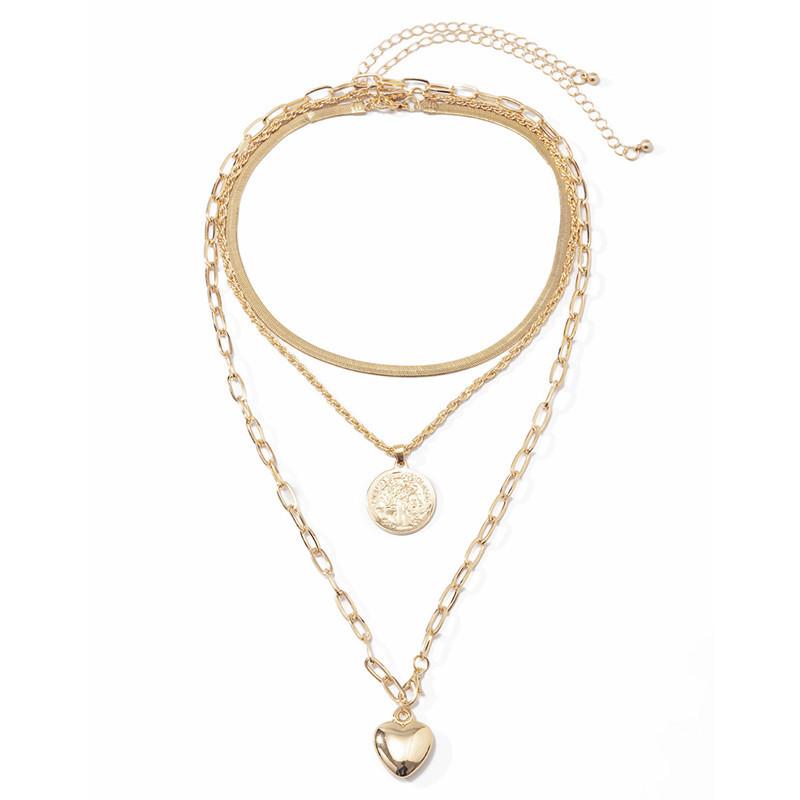 Necklace Retro Temperament Portrait Round Card Necklace Female Simple Peach Heart Metal Chain Three Layers Necklace