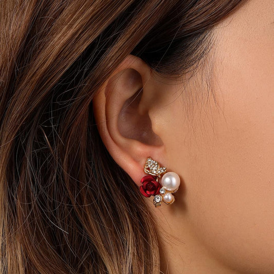French Temperament Palace Ladies Rose Pearl Earrings Popular Fashion Camellia Flower Ornaments