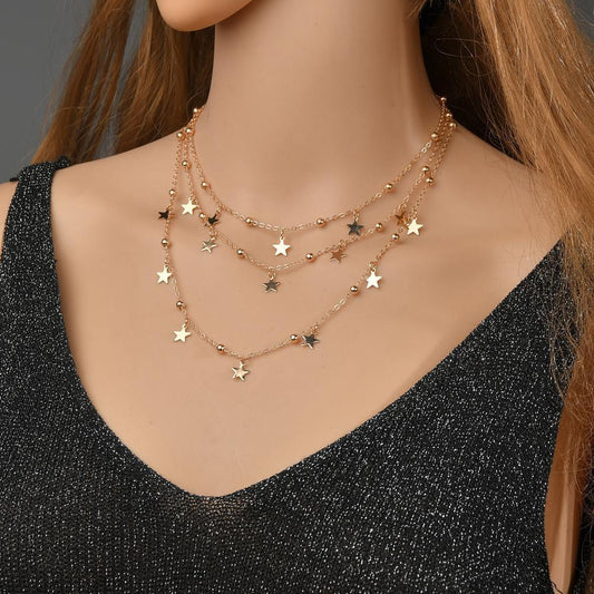 Fashion Iron Sheet Star Pendant Necklace Vintage Gold Multilayer Necklace Women Accessories