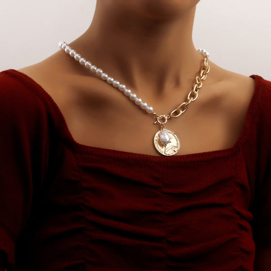 Jewelry simple Cuban pearl thick chain beauty head coin pendant necklace female fashion anchor necklace